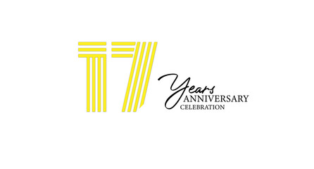 Seventeen Years Anniversary Celebration. Yellow striped number with black script text on white background. Celebratory and milestone.