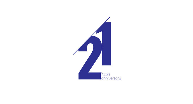 Anniversary celebration graphic featuring bold number 21 in blue, symbolizing achievement and milestone on a clean, white background.