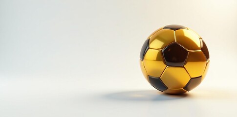 Fototapeta premium Golden soccer ball with reflection on white backdrop, realistic, vivid, metallic