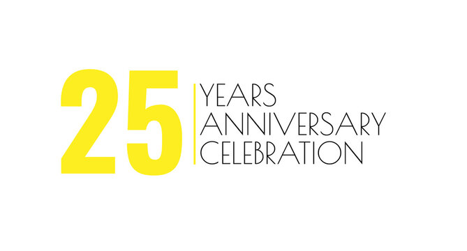 Celebrating 25 years: Anniversary milestone with bright yellow numbers and elegant script. A quarter-century achievement. Party time!