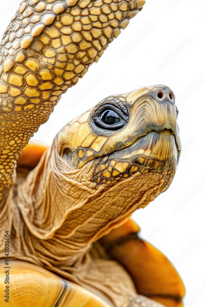 Poster captivating close up of a tortoise head showcasing intricate skin texture and pattern against a brig