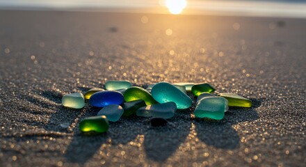 Obraz premium Sea Glass Sunset Serenity: Coastal Treasures at Golden Hour