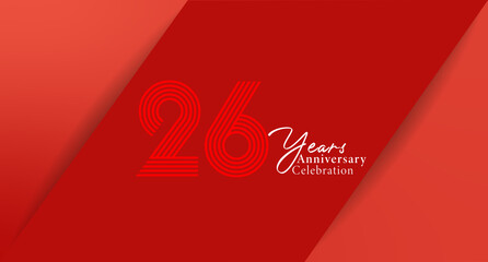 A bright red background announces a 26-year anniversary with stylized numbers and text, conveying a sense of celebration.