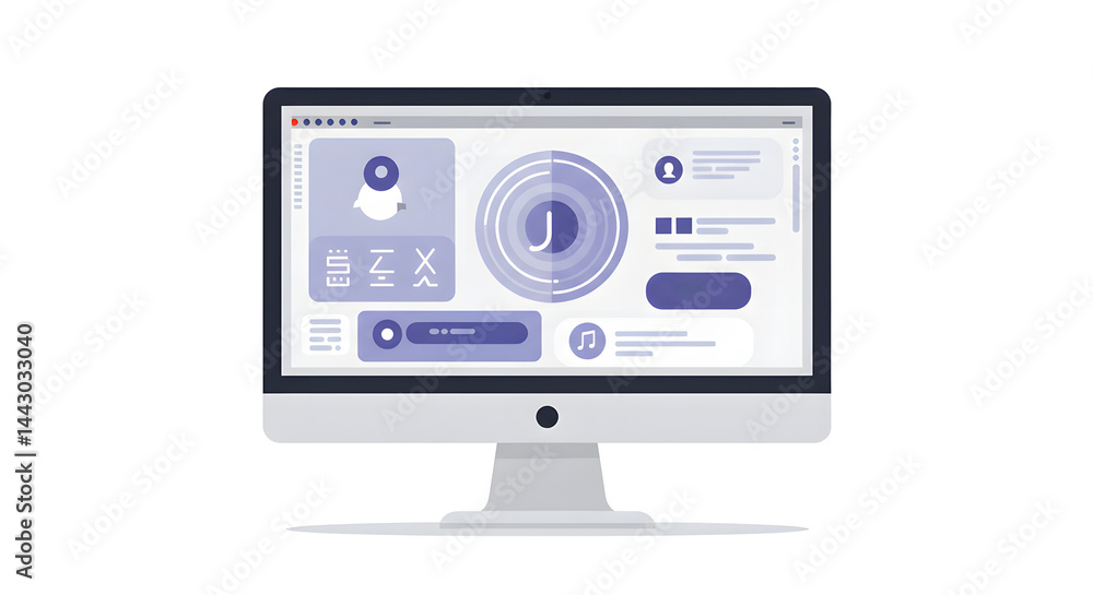 Poster modern desktop computer displaying a stylish, minimalist interface for music app or creative softwar