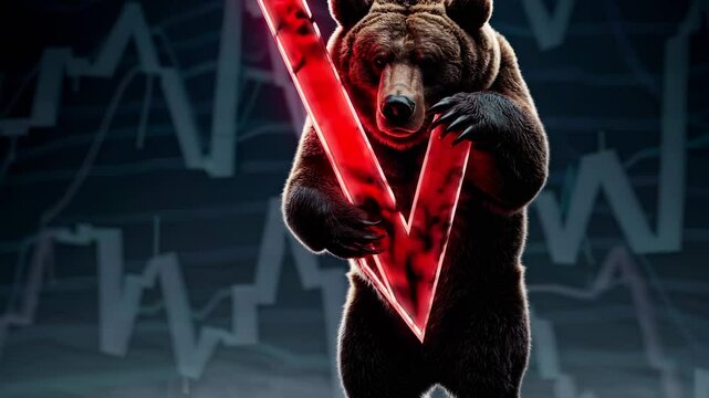 Bear grips falling arrow in market downturn. loses control as bear increases pressure. Visual market symbols collapse as bear delivers heavy market loss during extreme financial market collapse