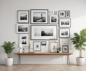 Elegant photo frame display  Diverse frames on a white wall  Minimalist design ,  simple,  interior,  white wall