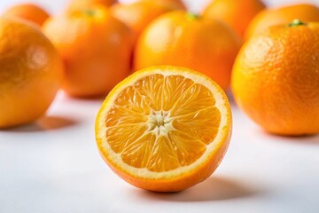 A ripe orange fruit in the centre of the photo with a slice resting on its top, showcasing its freshness and natural beauty. white background. 