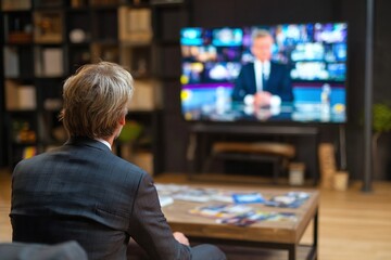 Man in a suit watching a news program on television in a modern living room with stylish decor