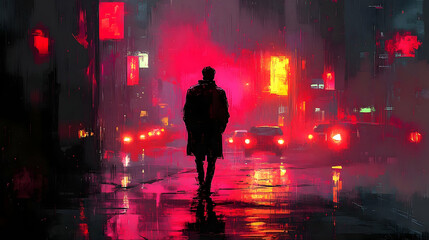 Silhouette figure walking on wet city street at night
