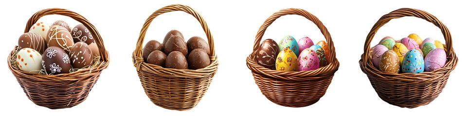 Set of easter chocolate eggs in a wicker basket, isolated on transparent background.