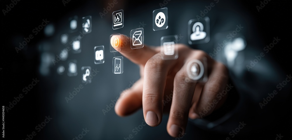 Poster hand interacting with digital interface icons web