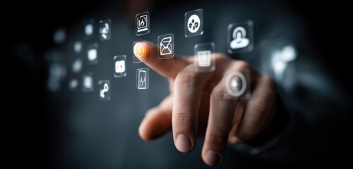 Hand interacting with digital interface icons web