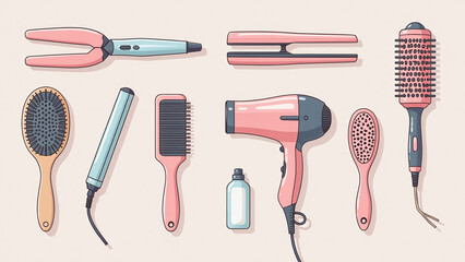 set includes styling tools like hairdryers curling irons brushes beauty hygiene purposes vector illustrated design