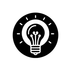 Illuminated Lightbulb Icon in Black Circle Symbolizing Bright Idea, Innovation, and Creativity