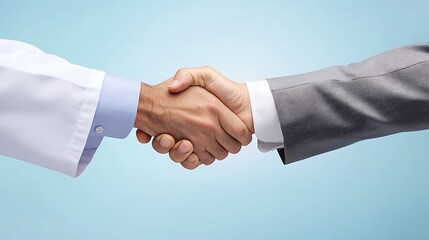 Handshake between a person in white coat and another in a suit against light blue backdrop