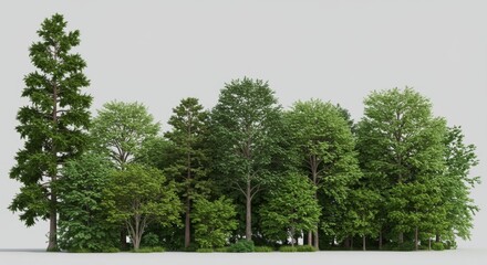 Group of diverse trees showcasing lush green leaves and varying heights, creating a vibrant forest atmosphere