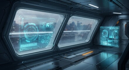 Futuristic control room interior with holographic displays and panoramic city view, showcasing advanced technology and sleek design