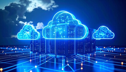 Cloud computing  platform  cost efficiency concept. Digital cloud computing concept with interconnected servers and clouds.