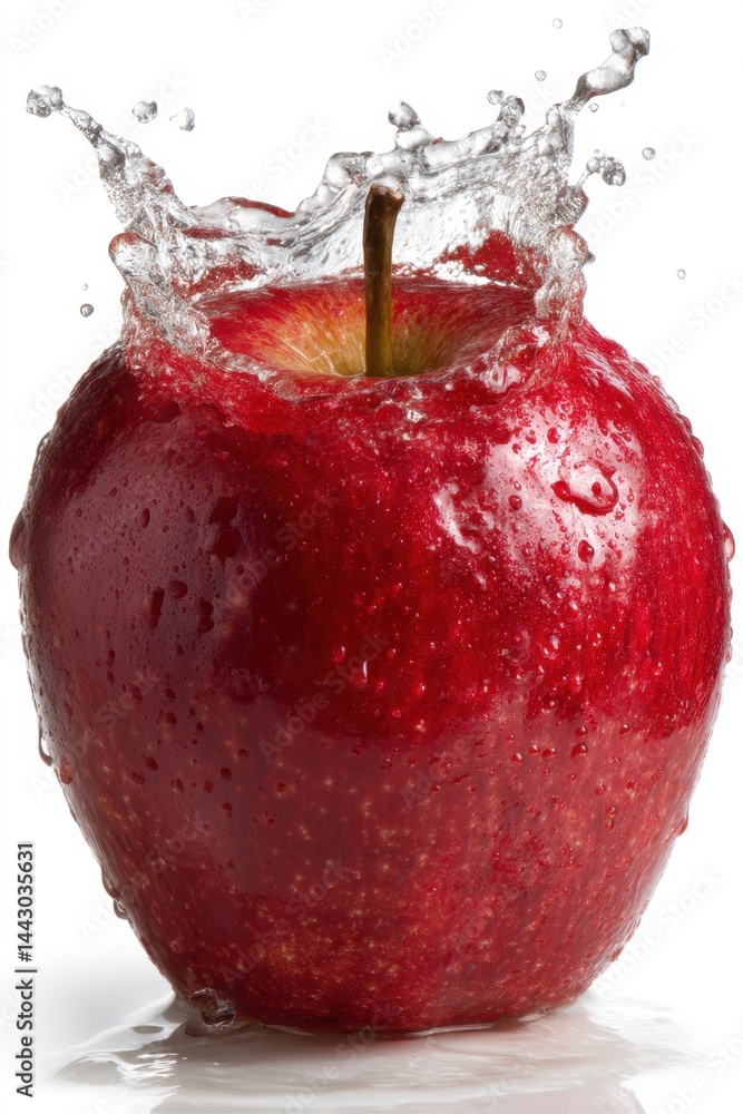 Poster ripe red apple with a splash of water creating a refreshing and vibrant scene against a clean white 