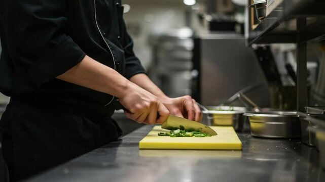 Chef Chopping Fresh Green Onions in Restaurant Kitchen - A chef in a black chef's jacket precisely chops fresh green onions on a yellow cutting board in a professional kitchen setting.  The scene is d