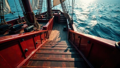 Steep stairs descend into gun deck with cannons and ropes, cannons, sailing