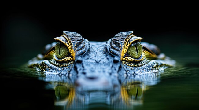 A close-up of a crocodile eyes lurking just above the waterline.