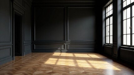 Sunlit Elegant Dark Room Interior Design with Wood Floor and Paneled Walls