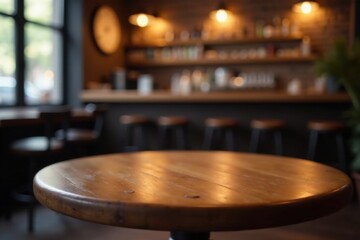Fototapeta premium Warm Wooden Tabletop in a Cozy Bar Setting with a Blurred Background