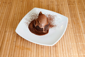 A chocolate dessert with a chocolate sauce drizzled on top
