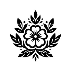 Fototapeta premium Graphic Black and White Floral Motif Emblem - Stylized Flower with Symmetrical Leaves and Dots Illustration