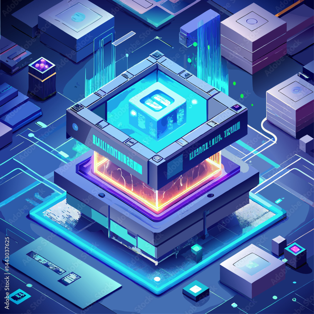 Aufkleber a futuristic cityscape with a large cube in the center. the cube is surrounded by smaller cubes and 