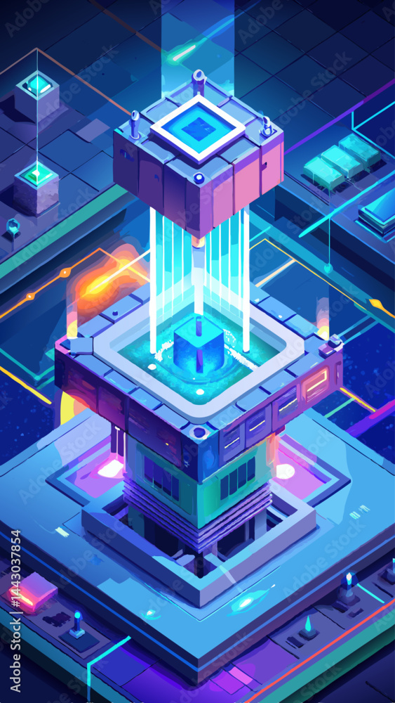 Poster a futuristic cityscape with a large cube in the center. the cube is surrounded by smaller cubes and 