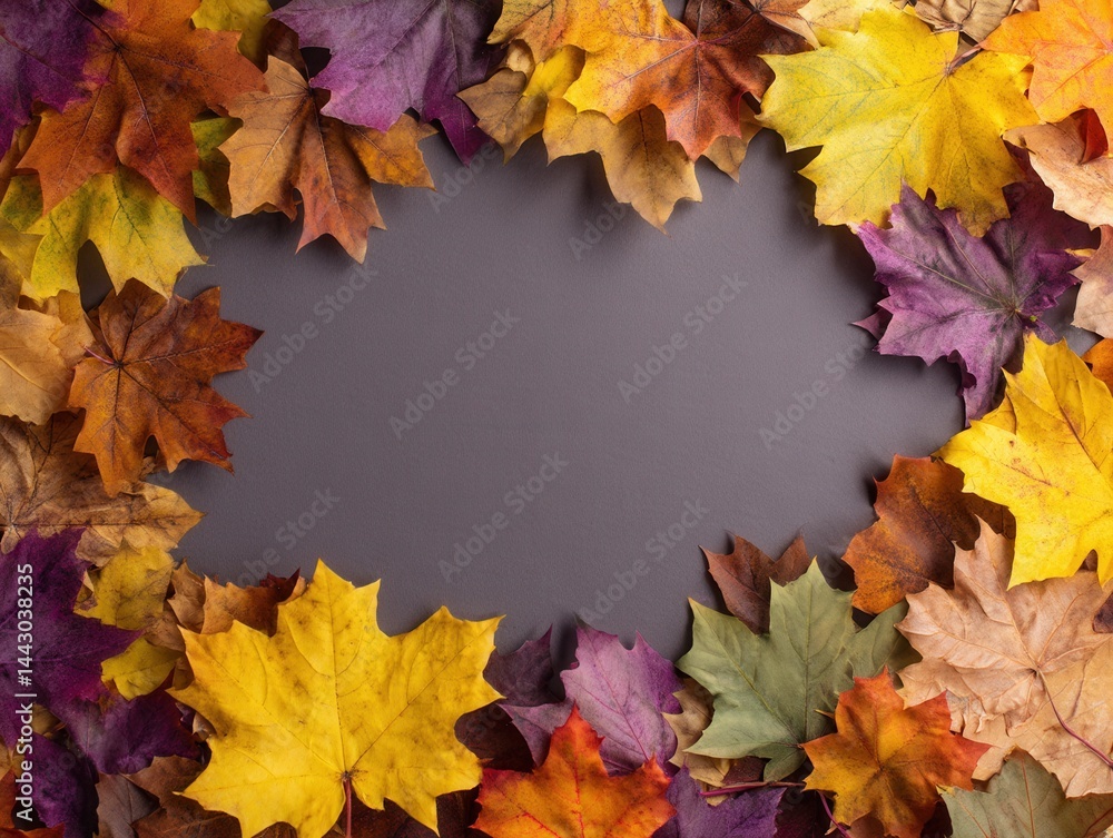 Poster autumnal symphony of colorful maple leaves framing a smooth gray backdrop in a flat lay composition 