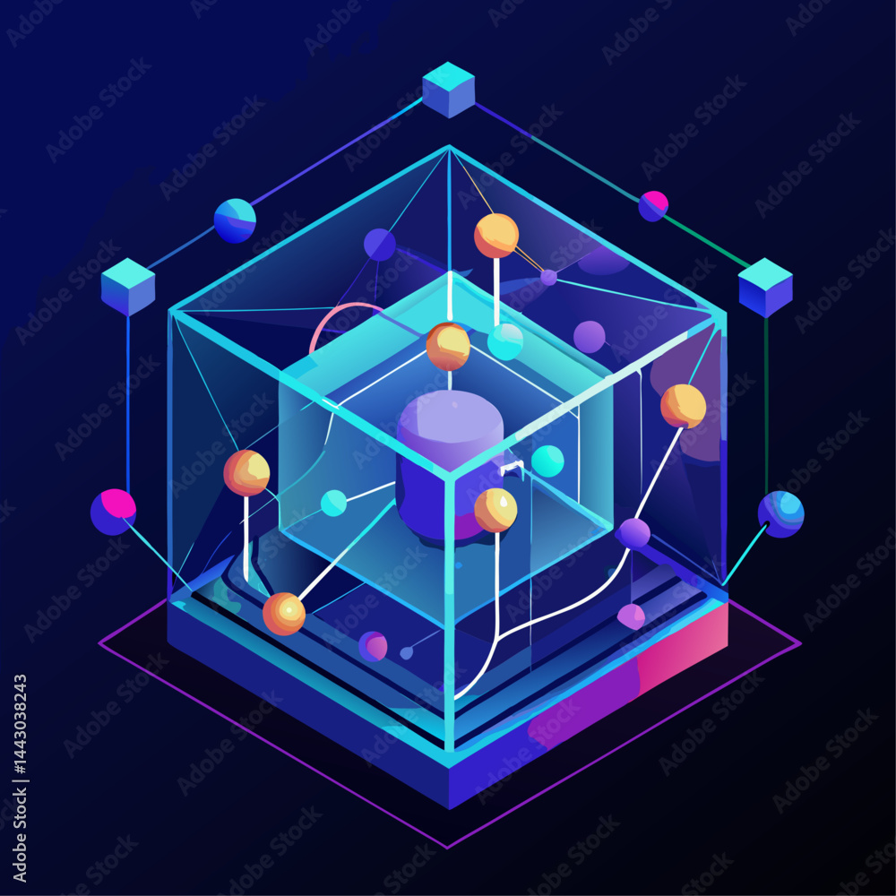 Poster a cube with many spheres inside of it. the spheres are of different colors and sizes. the cube is bl