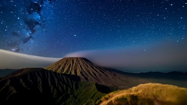 Mount bromo under a starry night sky with milky way in java indonesia