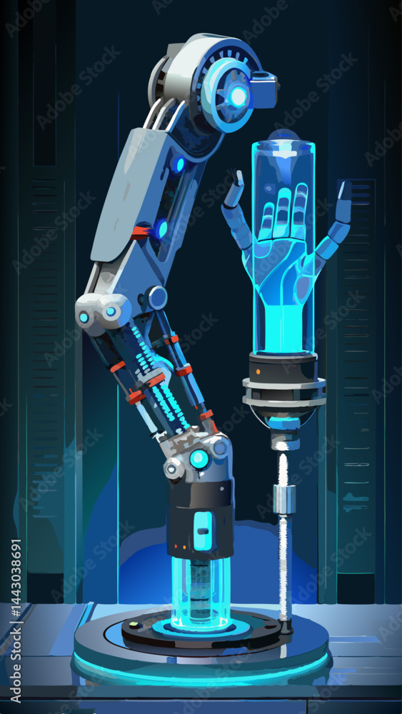 Poster a robot is working on a blue machine. the robot is surrounded by other robots and machines. the scen