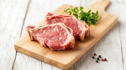 Fototapeta premium Raw pork ribs chopped on a cutting wooden board. 