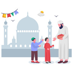 Arabic Person handing out apples from bowl concept, Gift of Goodness Outside the Mosque vector design, Eid al-Adha scene, Eid-al-Kabir Hajj banner, Traditional Arab Muslim Festival stock illustration