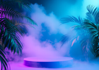 Obraz premium Round podium surrounded by tropical leaves and colorful fog. Illuminated with blue and purple neon lights.