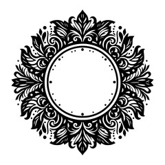 Elegant Black Floral Swirl Circular Frame Illustration for Design
