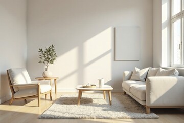 Sunlight Illuminates a Serene Living Room with Minimalist Furniture and a Blank Canvas