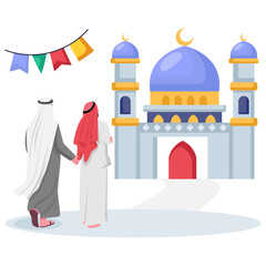People are going Towards the House of Worship concept, Two Men Seeking Blessings Together vector design, Eid al-Adha scene, Eid-al-Kabir Hajj banner, Traditional Arabic Muslims Festival illustration