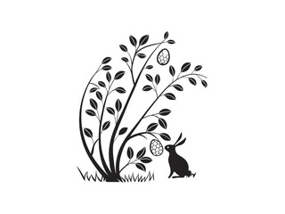 Easter Bunny with Decorated Eggs Hanging from Spring Tree &ndash; Silhouette Vector Illustration .