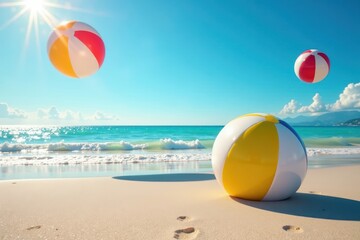 Obraz premium Sunny day at the beach with colorful beach balls and inflatables floating in the air, sunny day, seagulls flying