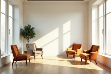 Sunlit Living Room with Mid-Century Modern Armchairs and Potted Plant
