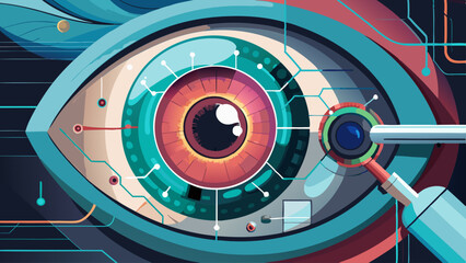 A colorful illustration of an eye with a magnifying glass on it. The eye is surrounded by a green circle and the magnifying glass is on the right side of the eye. Concept of curiosity and exploration