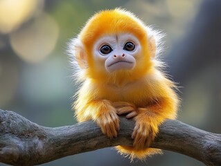 Naklejka premium Golden Snub-Nosed Monkey Portrait: Adorable Baby Monkey with Bright Orange Fur and Big Eyes Perched on a Branch, Surrounded by Soft, Natural Light in the Forest.