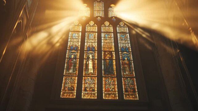 Sunlight streams through the stained glass windows, illuminating intricate designs inside a historic church during the early morning