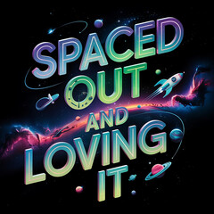 Colorful design featuring text about enjoying space, with planets, rockets, and stars in the background