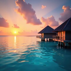 Obraz premium Sunset over crystal clear lagoon with overwater bungalows, beach, water